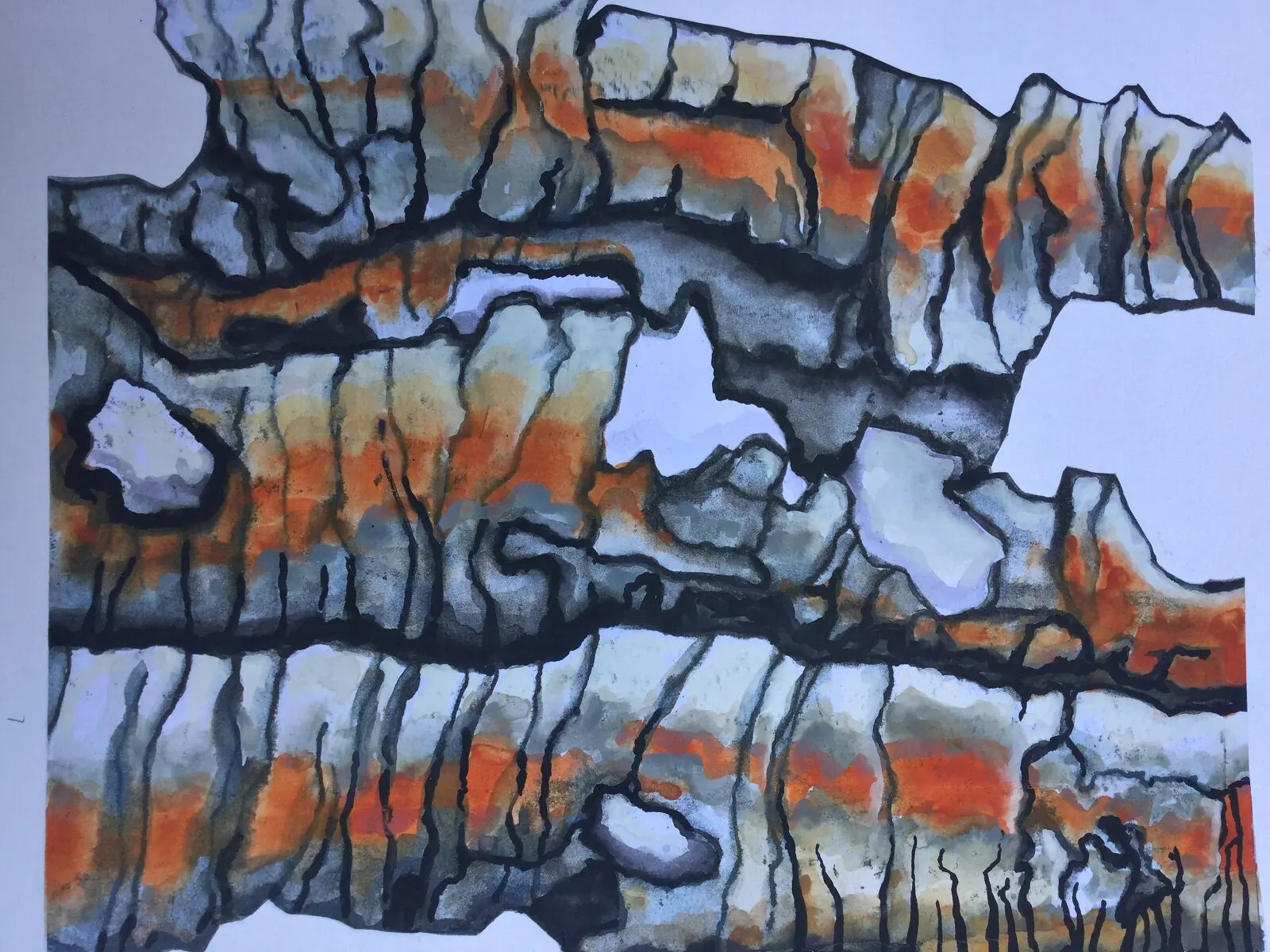 Jean Draper: Grotesque Burned Trees - Ink and Watercolours