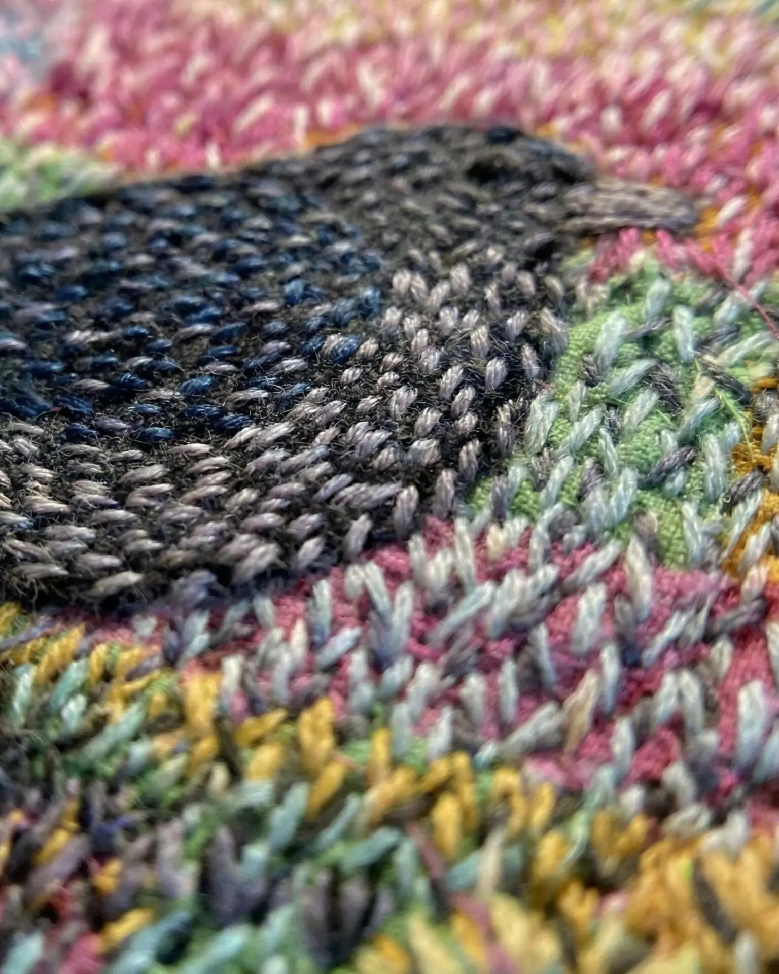 Colourful close up of a bird on stitched background.