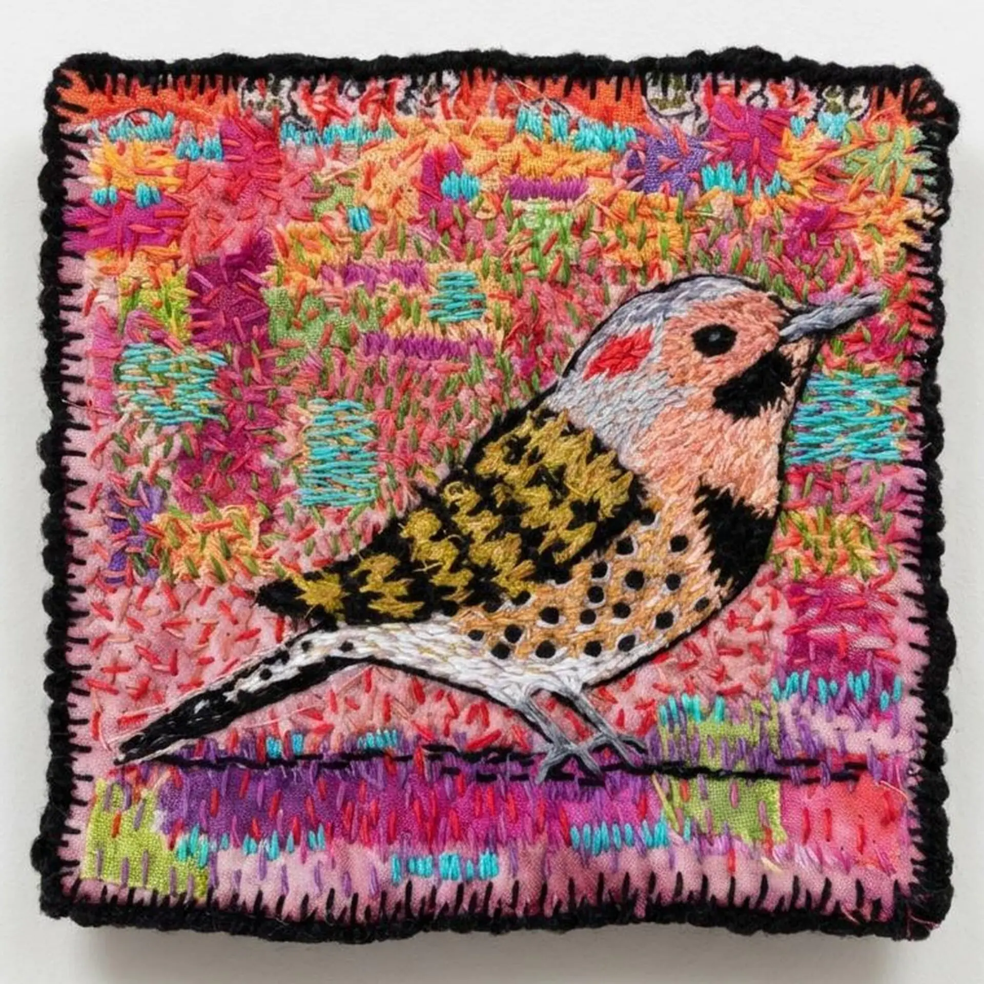 Colourful embroidered bird on vibrant background