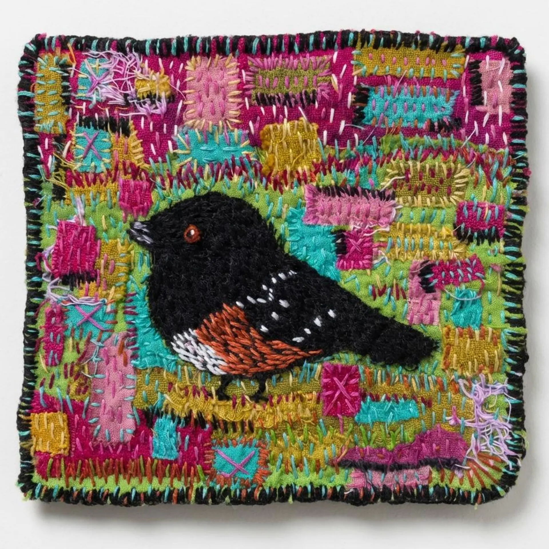 Colourful embroidered bird on stitched fabric