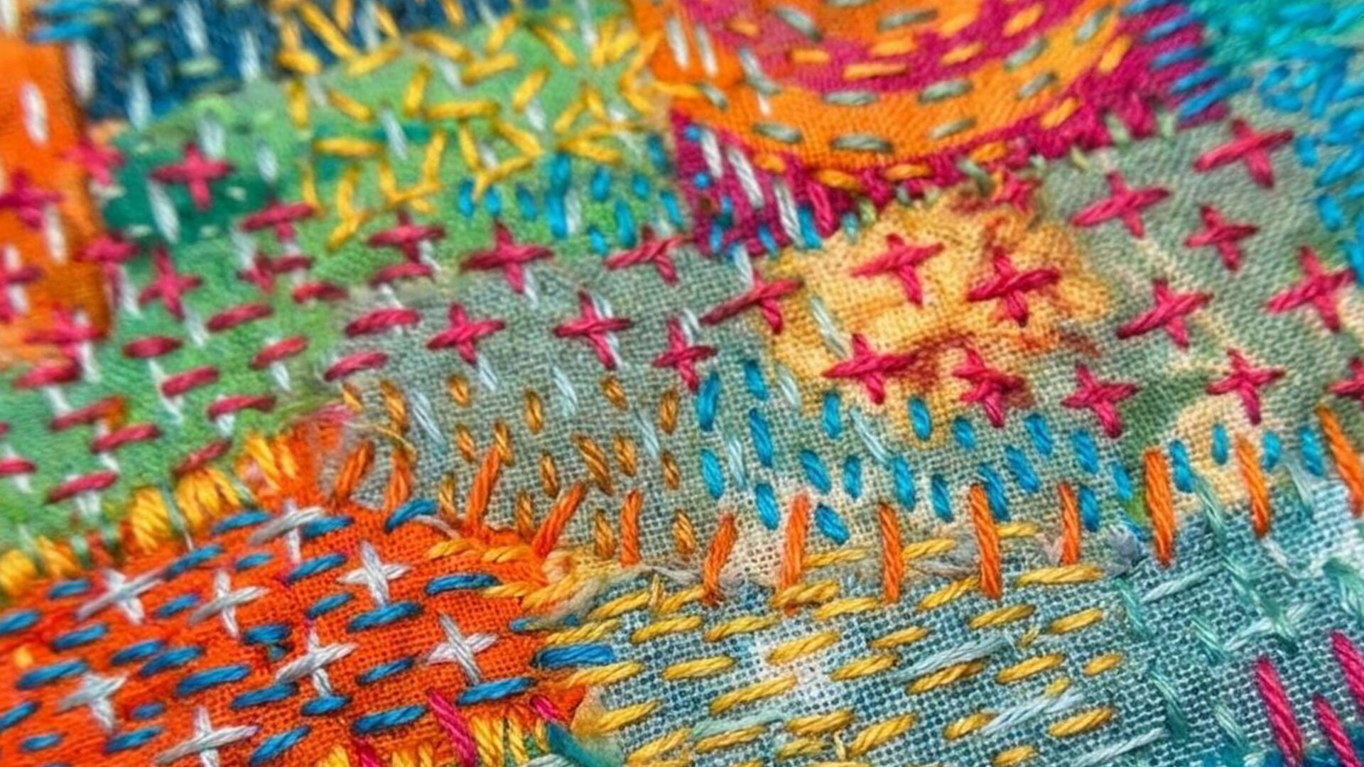 Close up of embroidered textile with intricate patterns.