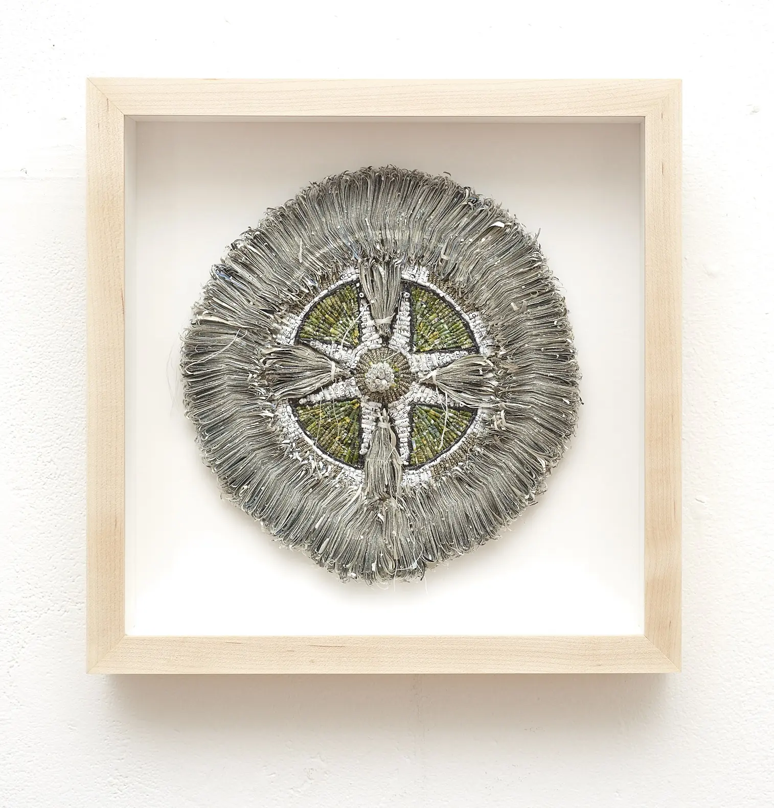 Jaynie Crimmins: A Field Guide to Getting Lost #7, 2018, 12" x 12" x 2"D, shredded promotional mailings over armatures mounted on wood, framed in a shadowbox w/ museum glass