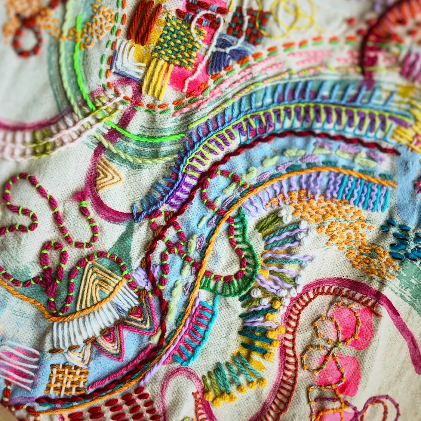 Jessica Grady, Doodle Cloth 3, 2025. Hand stitch. Painted calico, mixed recycled threads, wool yarns.