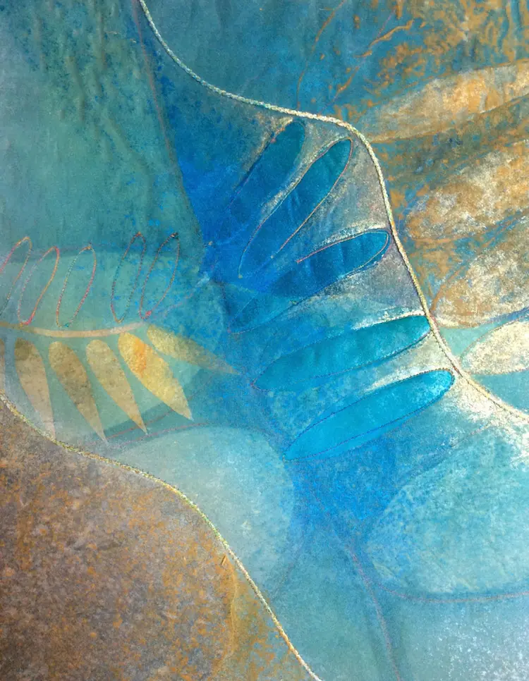 Judy Merchant Plant life 4 50 x 50 cms Fabric, paint and machine stitch