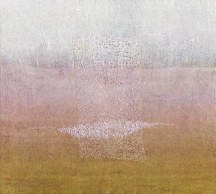 Karen Henderson, Breathing Fog. Hand woven linen, dye painting, with stitching. 11 7/8”W x 10 5/8”h x 11 7/8”w. 2007. Private Collection