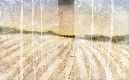 Early Winter. Collage of mended vintage linen, painted with dyes & acrylic, with stitched silk gauze. 20.25”h x 32 1/8”w. 2009. Private Collection