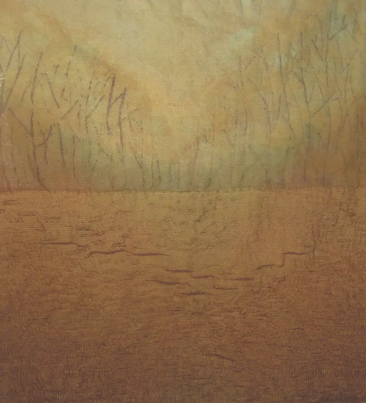 Karen Henderson , Rest. Hand woven hemp, silk, and silk blend; with cotton, raw silk and silk organza, dye, batik, color removal, rust print, and stitching. 26”h x 23”w. 2009.