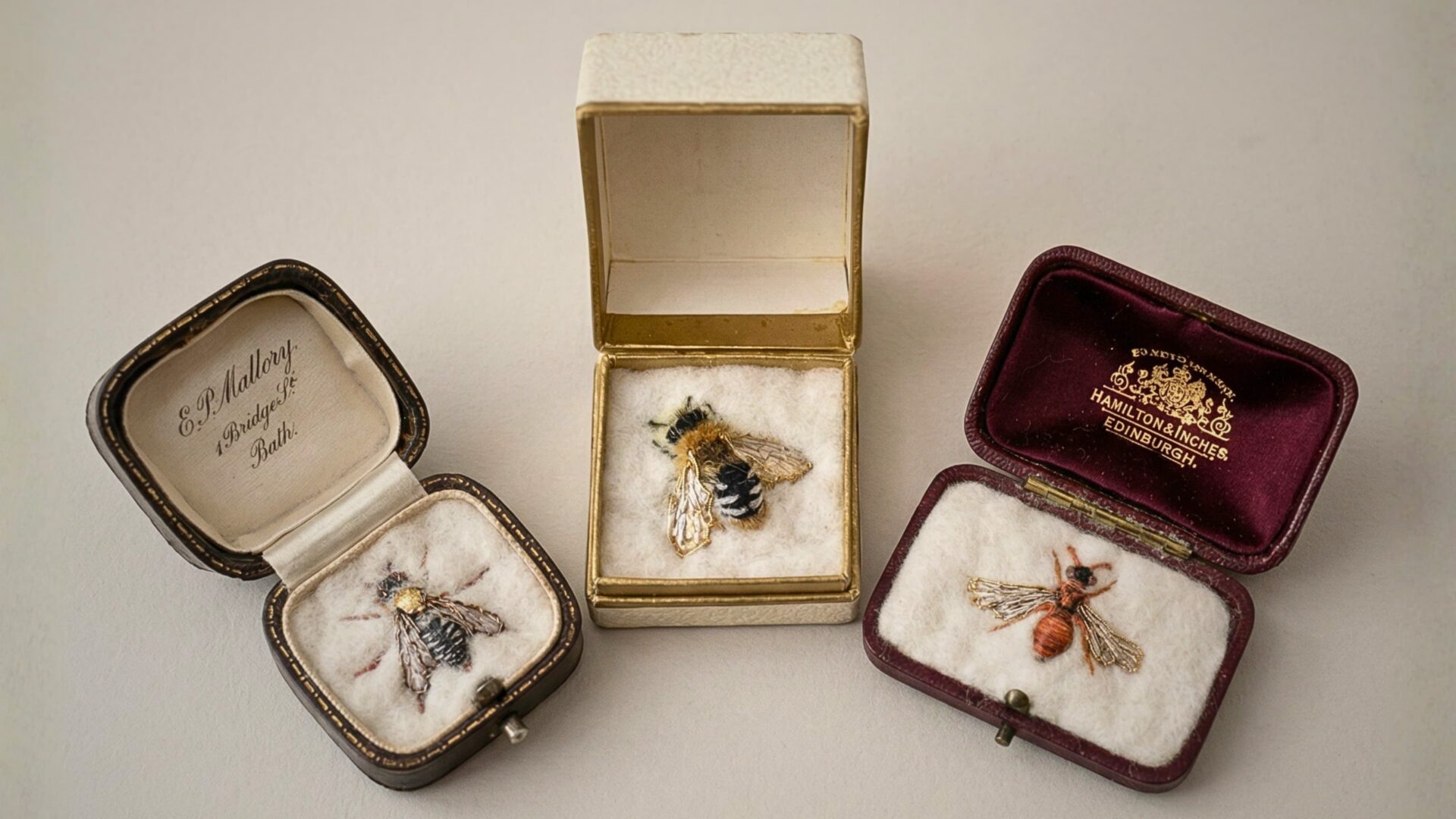 Three ornate boxes with embroidered bees.