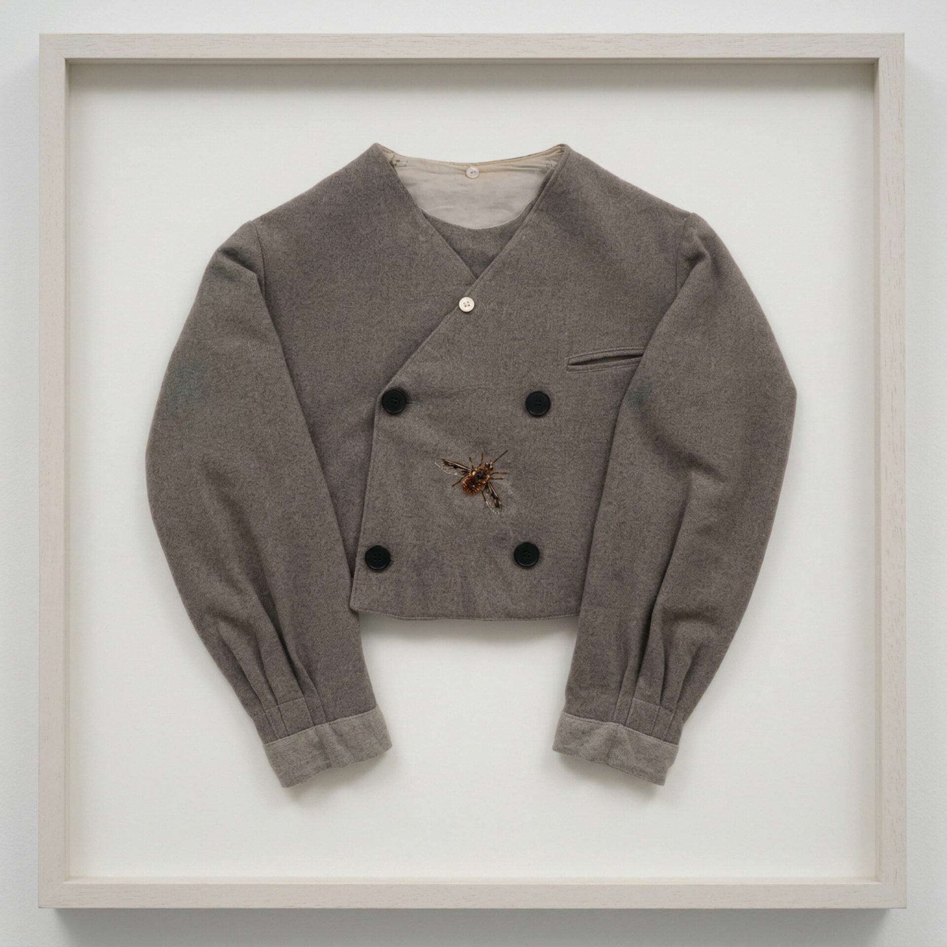 Grey jacket with bee embellishment displayed.
