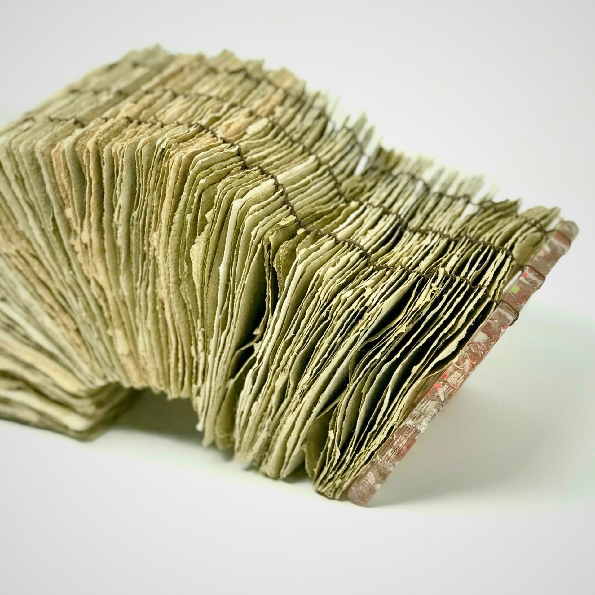 Worn book with frayed pages.