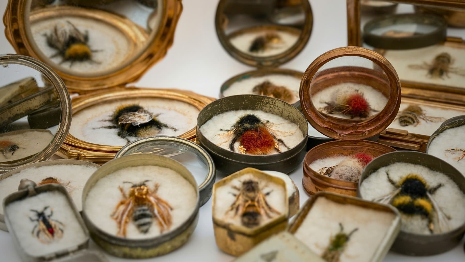 Needleworked bees in decorative containers.
