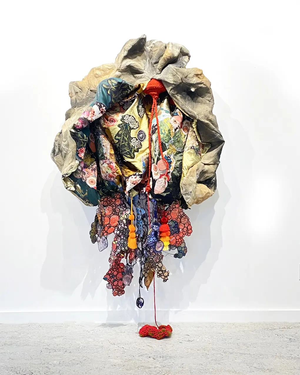 Leisa Rich, Death Pod Rising, 2023. 203cm x 117cm x 51cm (80" x 46" x 20"). Heat manipulation, free motion embroidery, crochet, 3D printing, sewing, embroidery, trapunto, collage, quilting, painting, dyeing. Fosshape mouldable fabric, new and repurposed fabrics, yarn, thread, vinyl, dyes, PLA bioplastic, acrylic. 