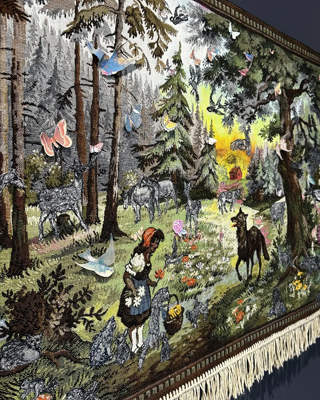 Leisa Rich, Safe Zone (detail), 2022. 81cm x 173cm x 5cm (32" x 68" x 2"). Sewing, free motion embroidery, image transfer, appliqué. Vintage textile, organza, thread, dyes, canvas, ink.