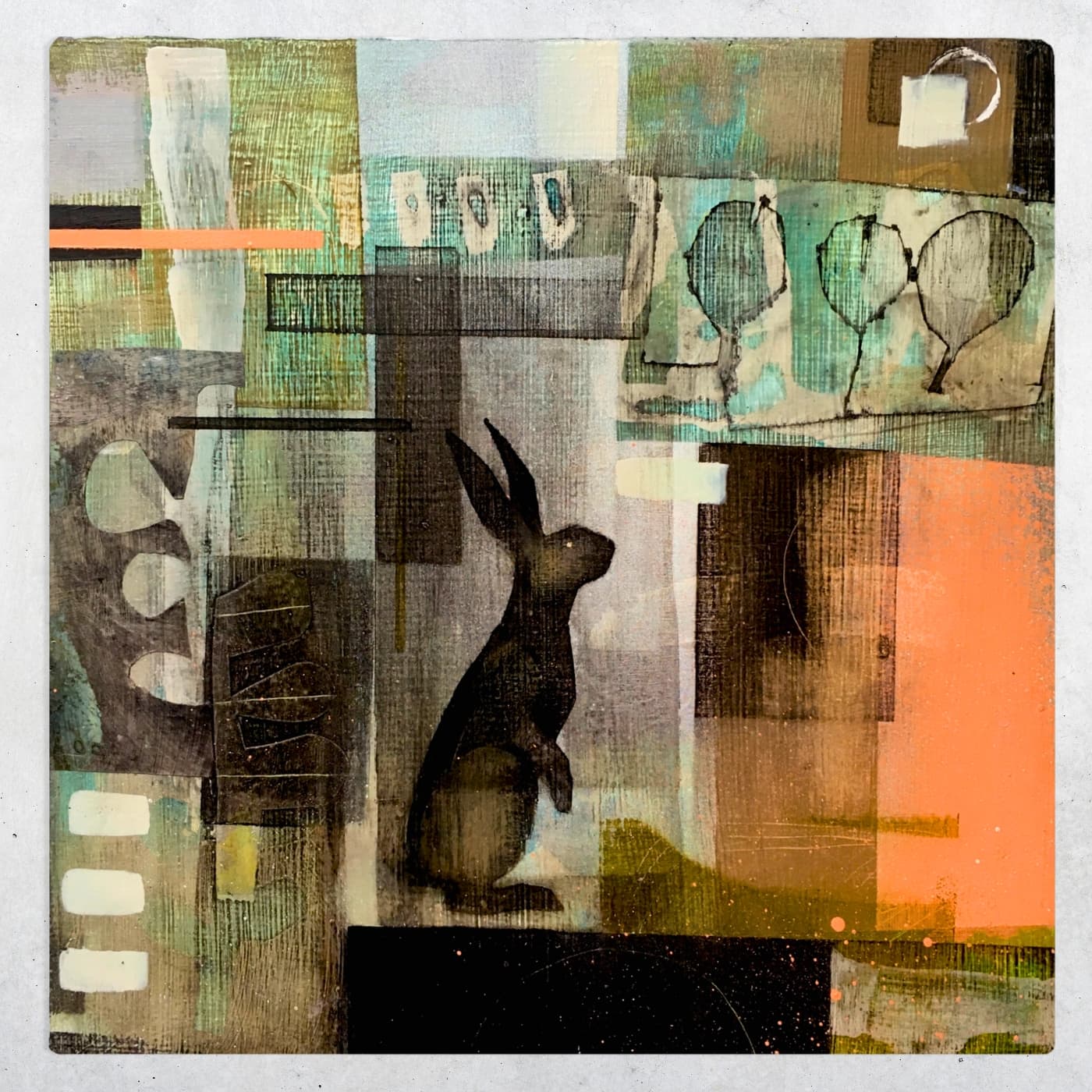 Abstract artwork featuring a rabbit silhouette.