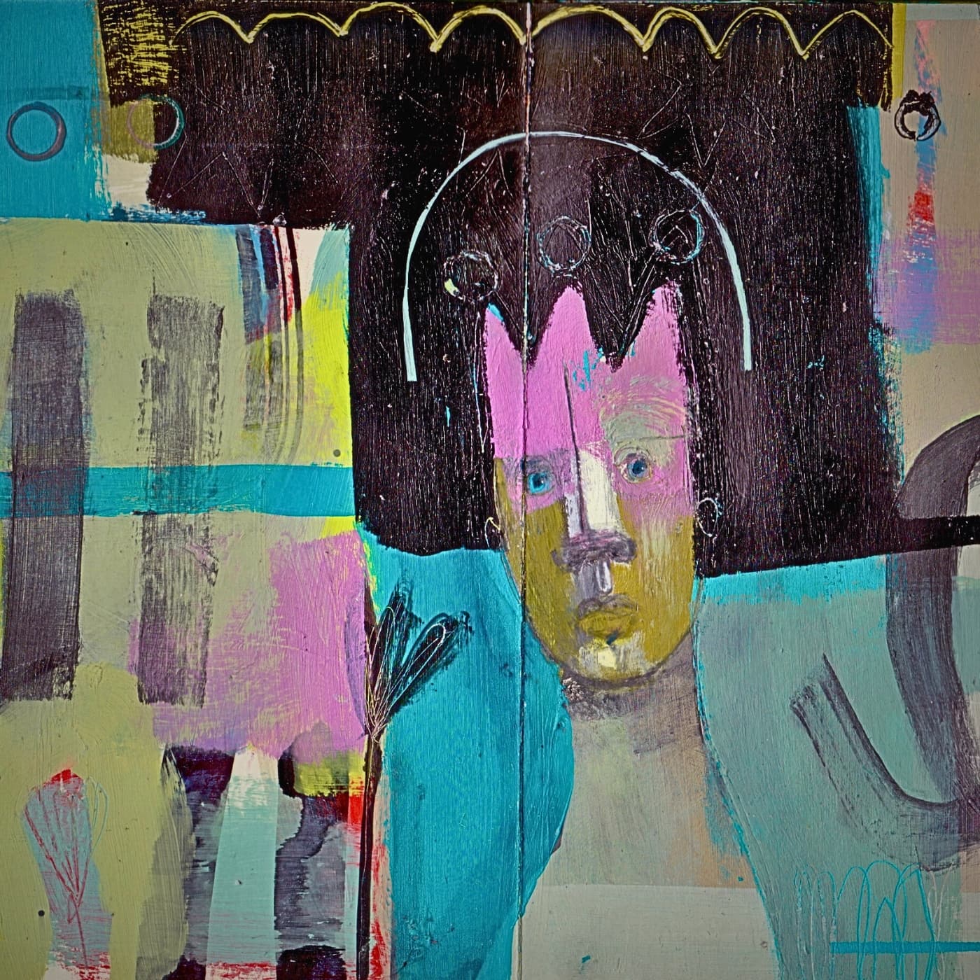 Abstract print of a face with vibrant colours.