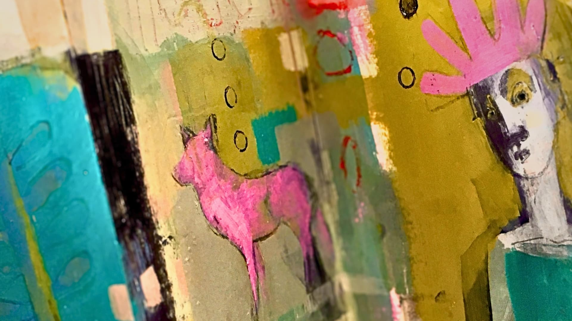 Colourful abstract art featuring a dog