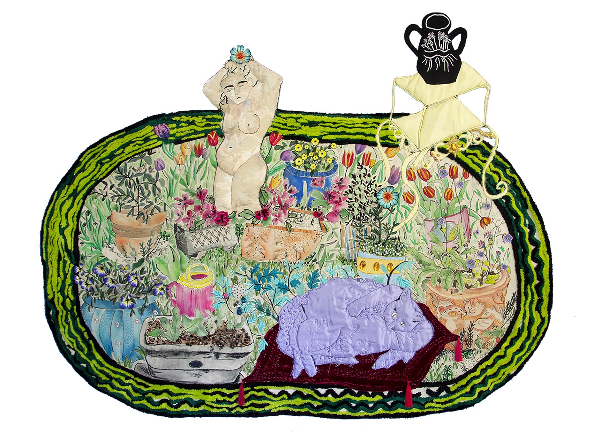 Mixed media art piece of a garden with a bust and flowers