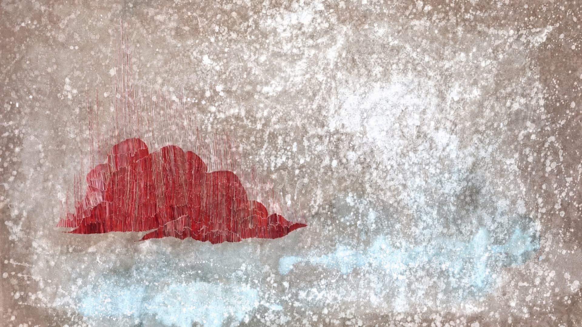 Textile art featuring red clouds against a textured background.