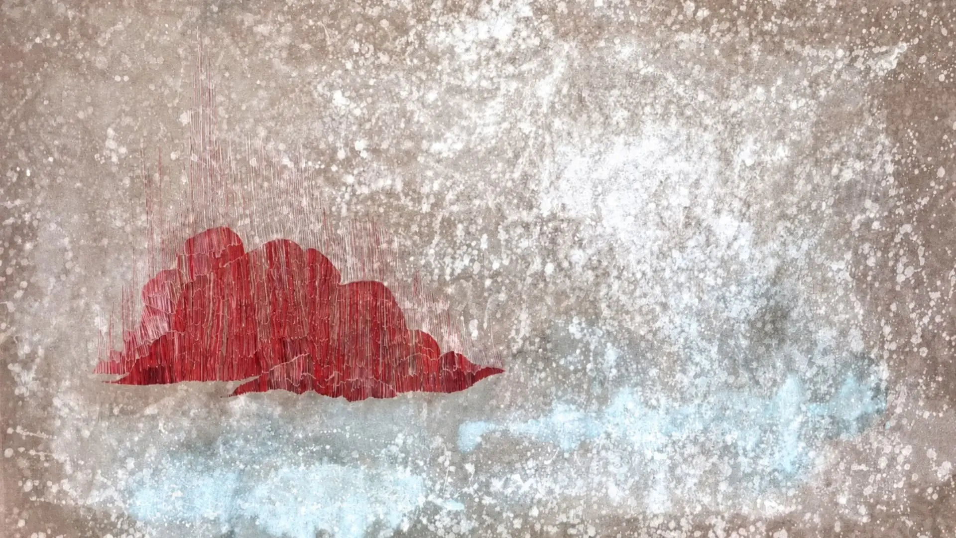 Textile art featuring red clouds against a textured background.