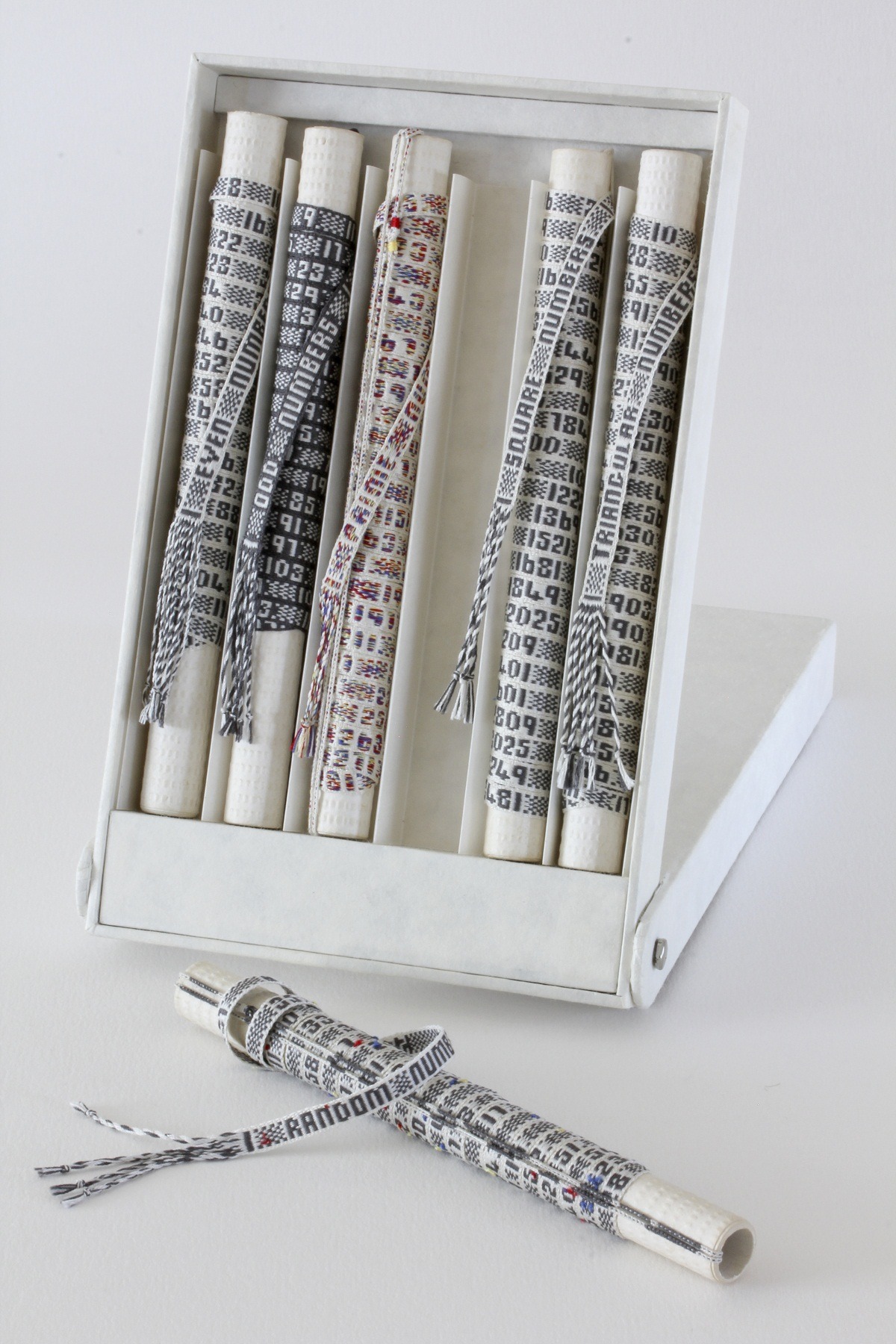 Marilyn Rathbone: Six Degrees of Separation, 2008-9, silk thread, grey board, Kraft paper / Inkle weaving, Lucet braiding, box making