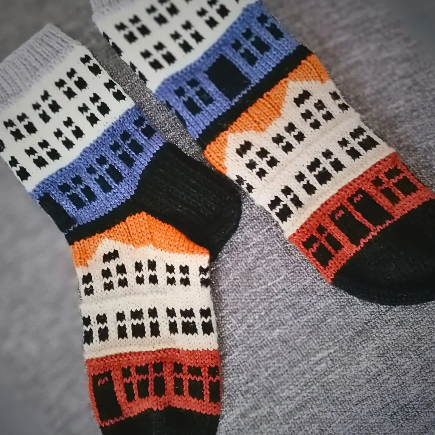 A pair of knitted socks  (from Jake Henzler's pattern Copenhagen Building blocks)
