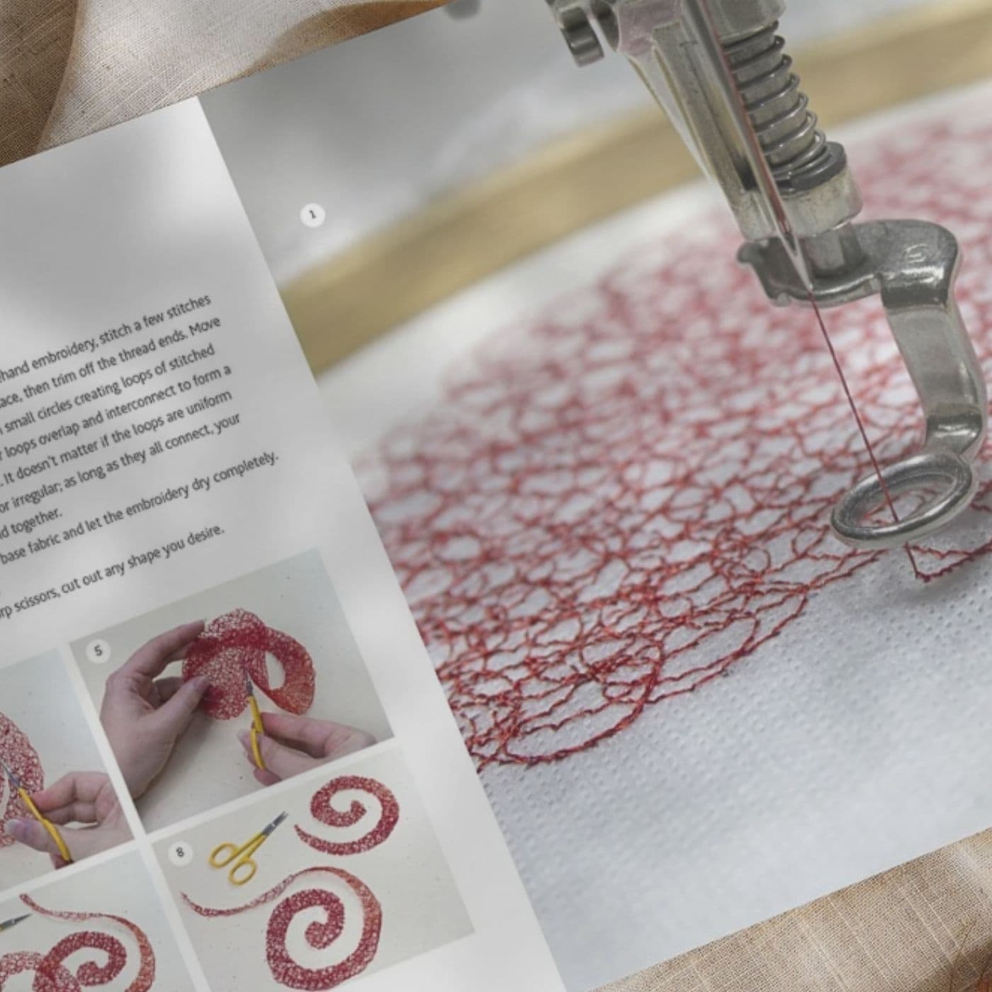 Inside of a book showing sewing machine embroidery