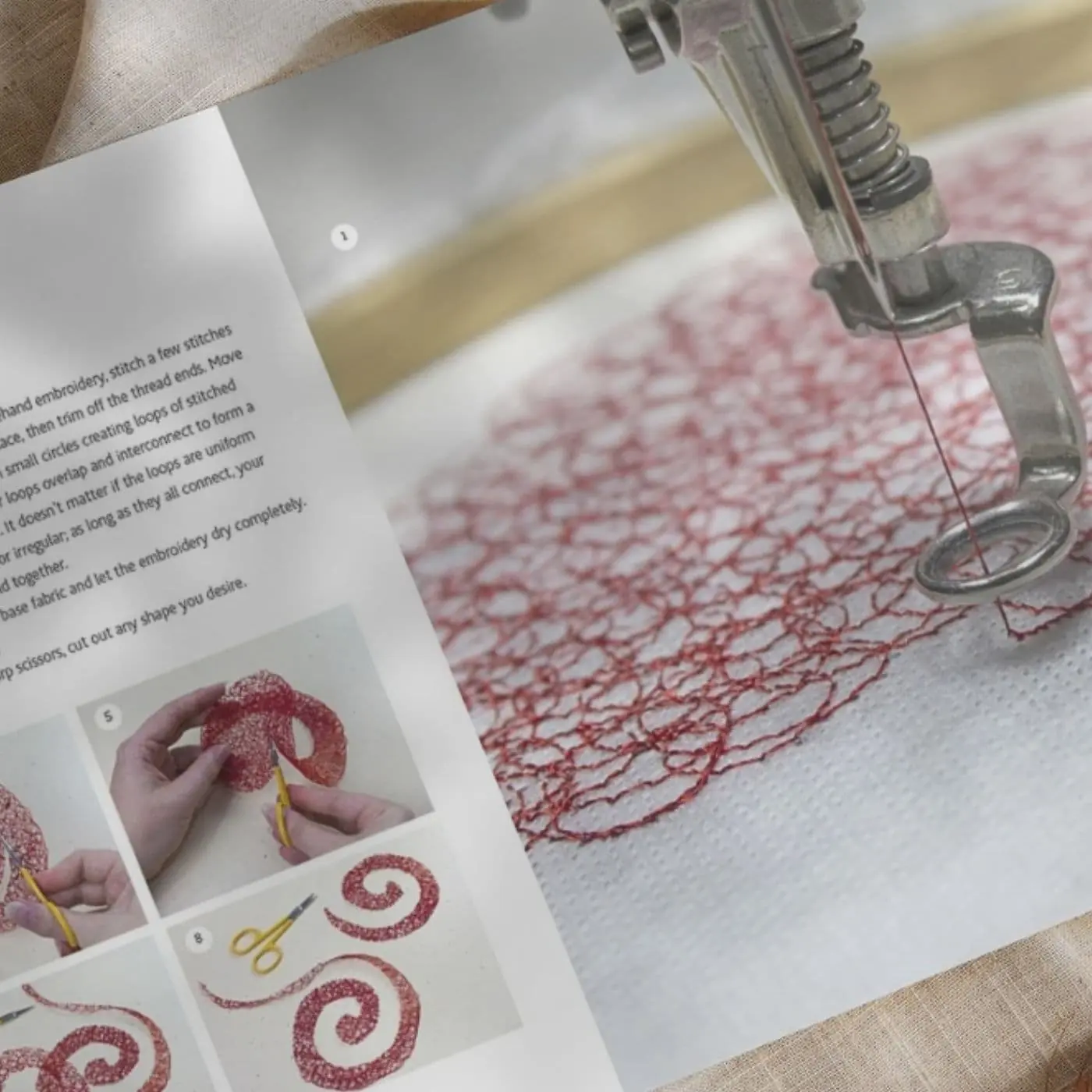 Inside of a book showing sewing machine embroidery