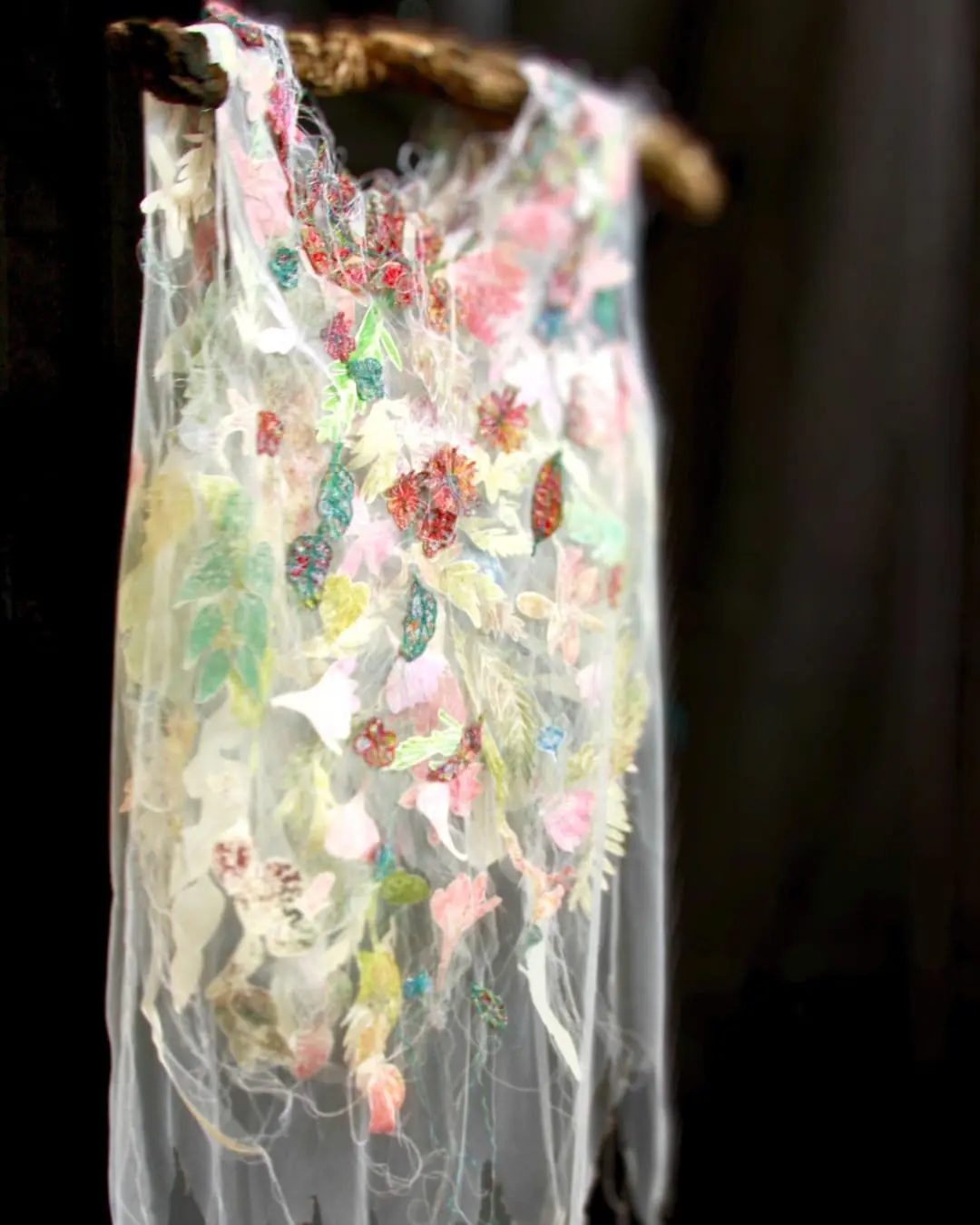 An embroidered dress hanging