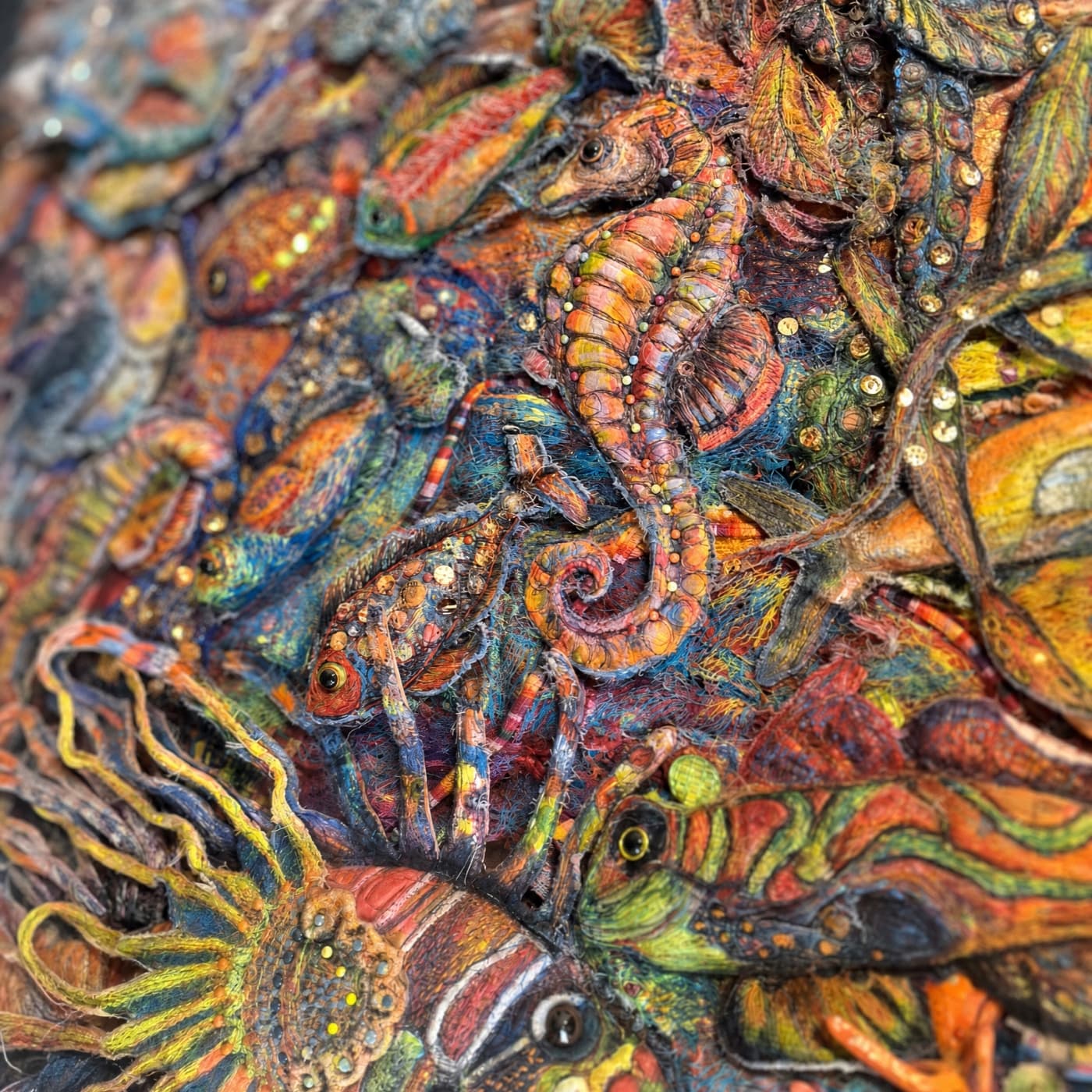 Colourful underwater scene with marine life using free machine embroidery