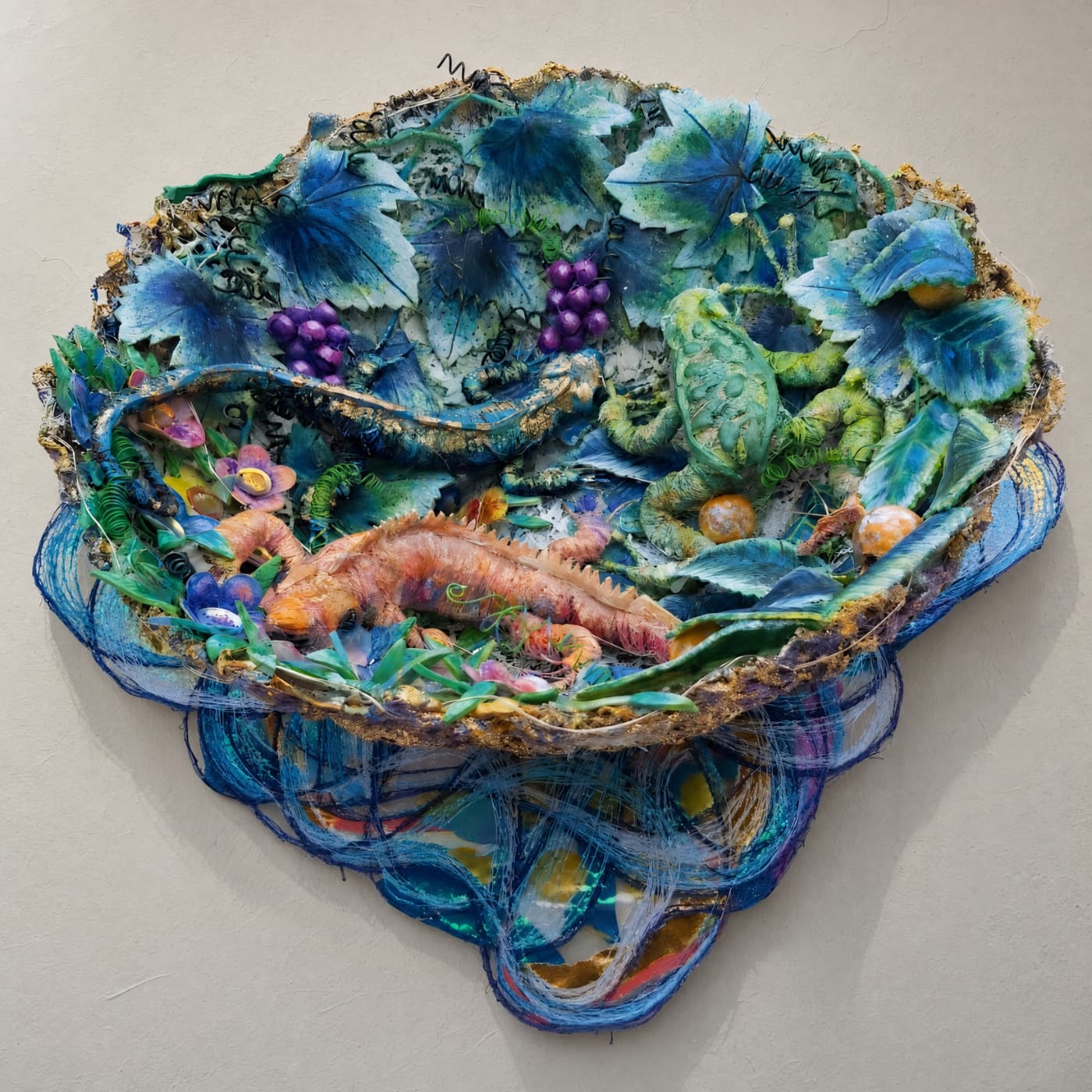 Colourful textile bowl with aquatic themes.