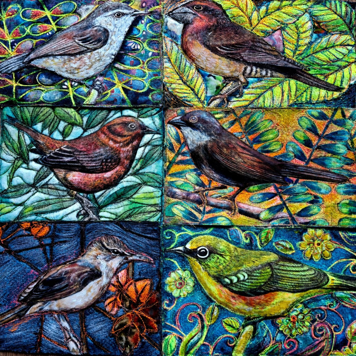 Colourful birds among vibrant foliage.