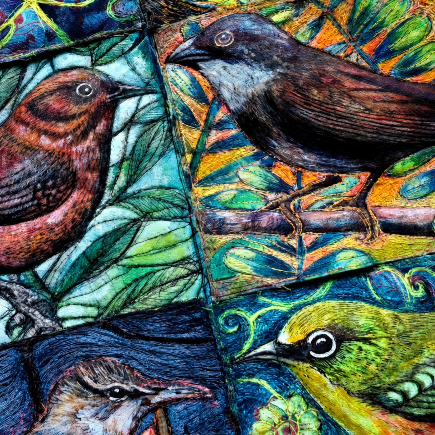 Colourful birds among vibrant foliage