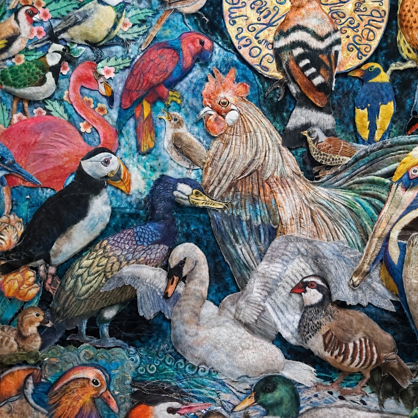 Colourful birds gathered in vibrant scene.