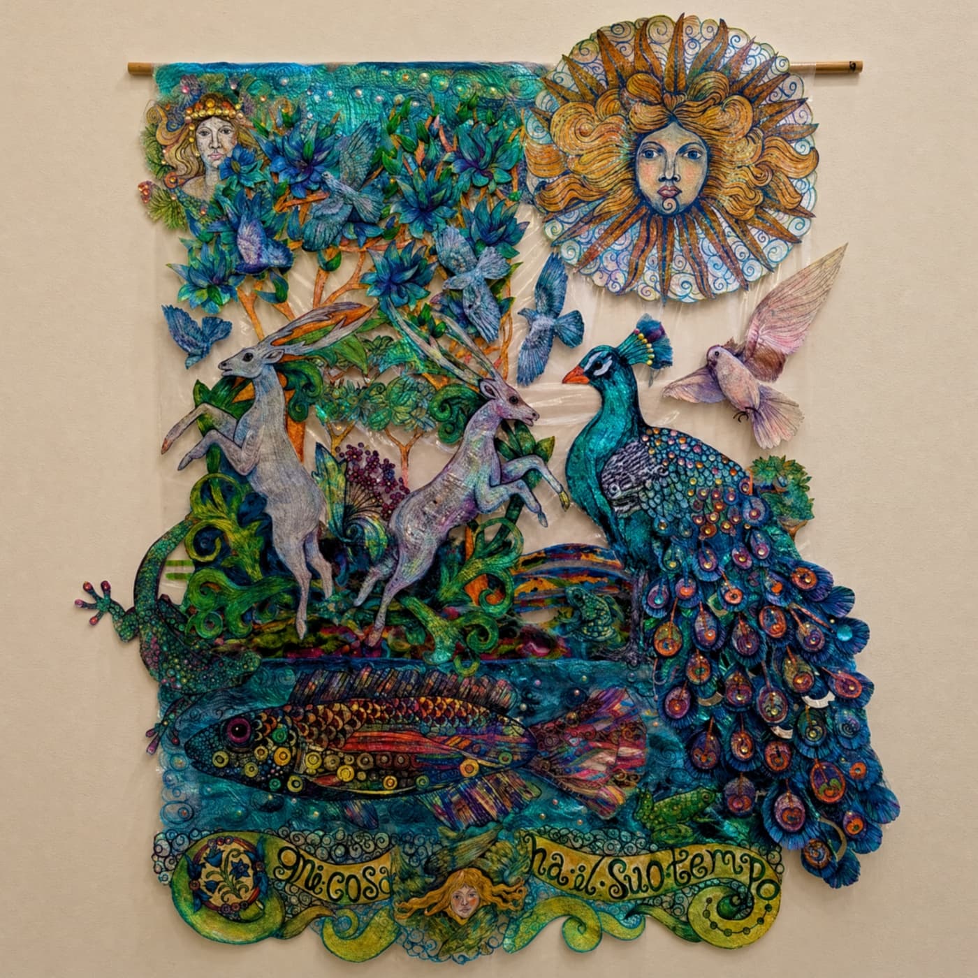 Vibrant tapestry featuring mythical creatures.
