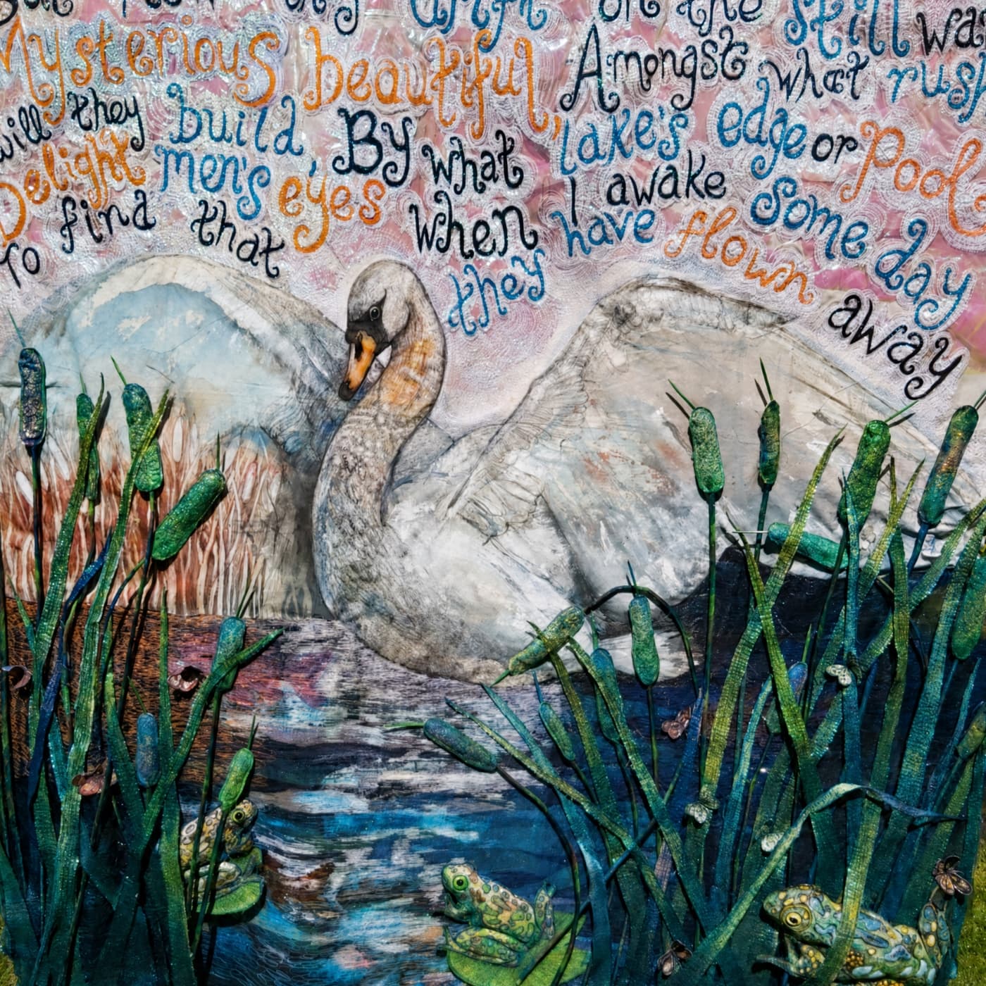 Swan amidst vibrant, artistic surroundings.
