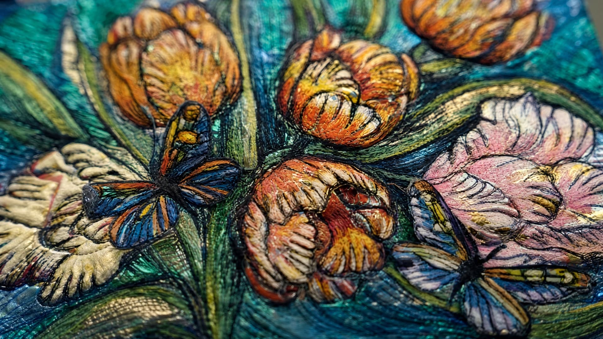 Vibrant tulips with colourful butterflies.
