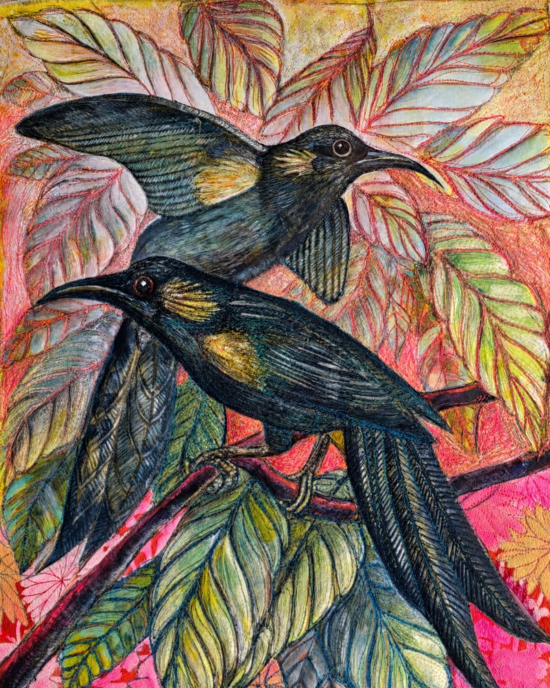Textile art piece feature two Huia birds among vibrant foliage.