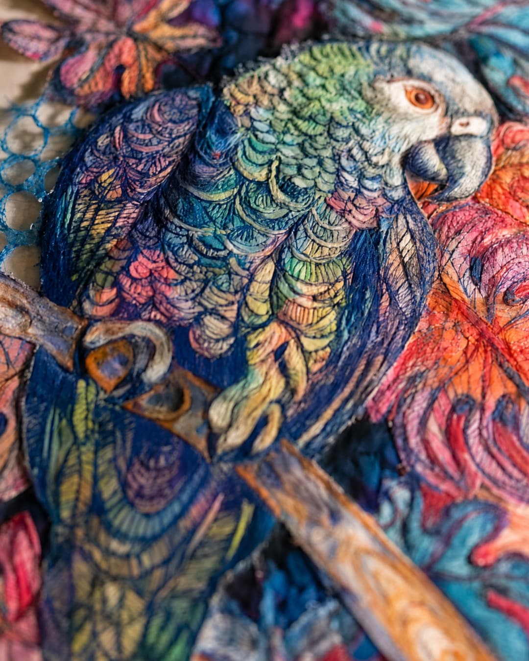 Colourful embroidered parrot on fabric.