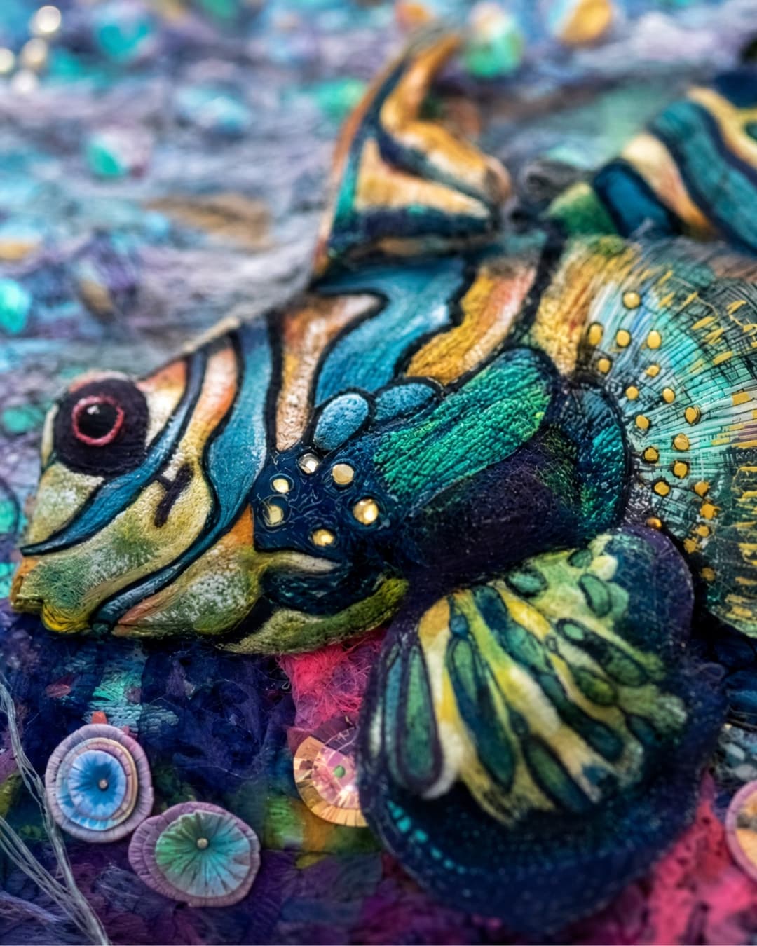 Vibrant, textured fish artwork detail.