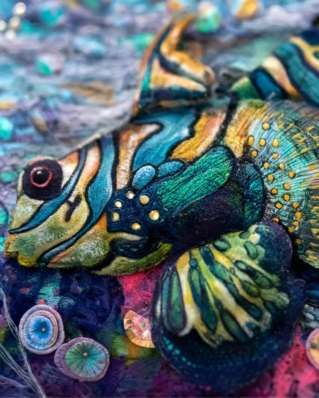 Vibrant, textured fish artwork detail.