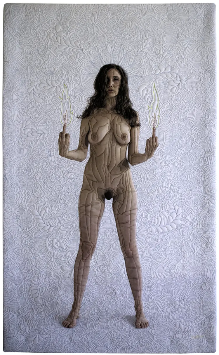 Neroli Henderson, Dear Mr Trump, 84 x 51cm, 2017, Photography (artist’s own photo), giclée print on silk, intensive stitching with ultra fine 100wt thread, metal transfer foil