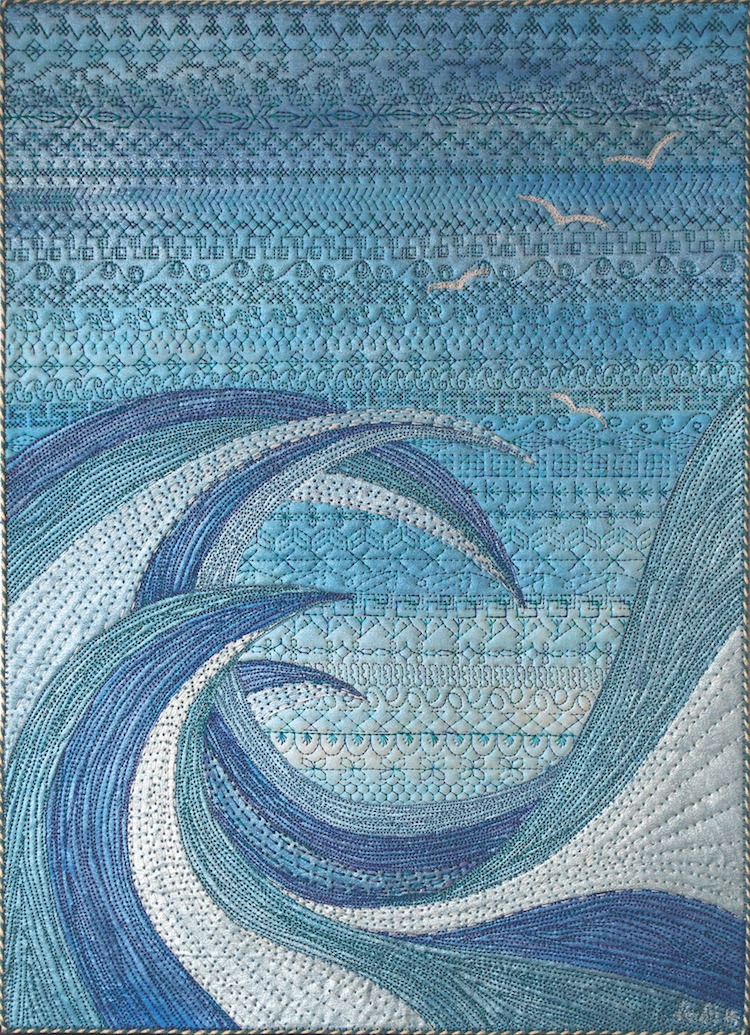 Neroli Henderson, The Churning, 2014, 30 x 42cm, Acrylic metallic fabric paint, cotton fabrics, fusible raw edge applique, intensive quilting and machine decorative stitches