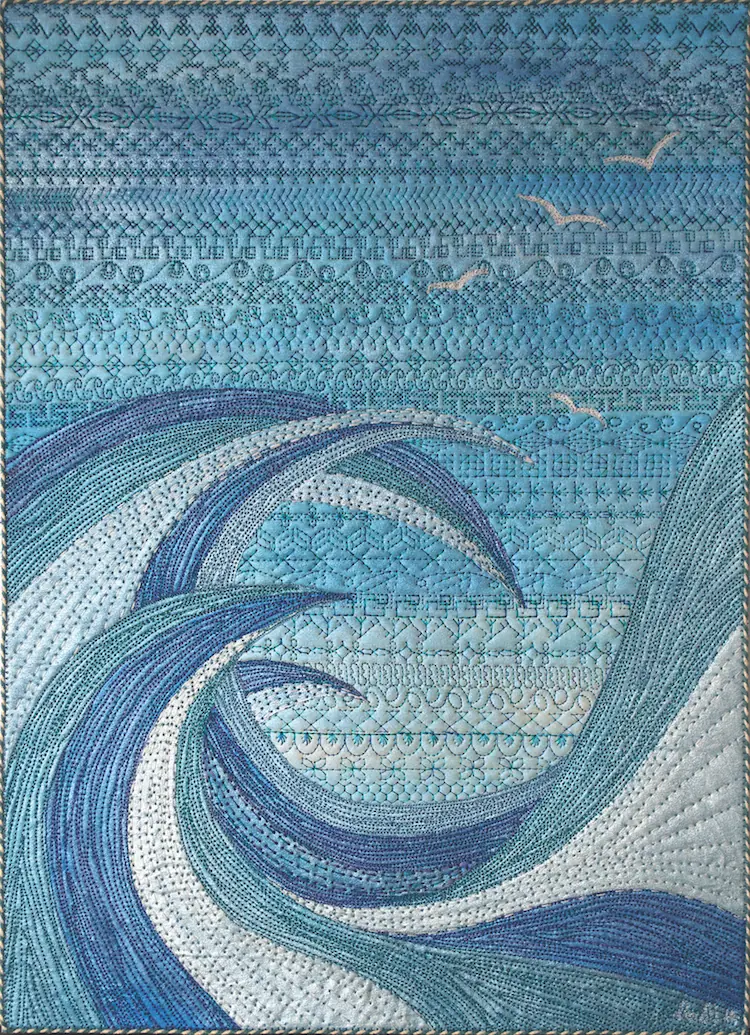 Neroli Henderson, The Churning, 2014, 30 x 42cm, Acrylic metallic fabric paint, cotton fabrics, fusible raw edge applique, intensive quilting and machine decorative stitches