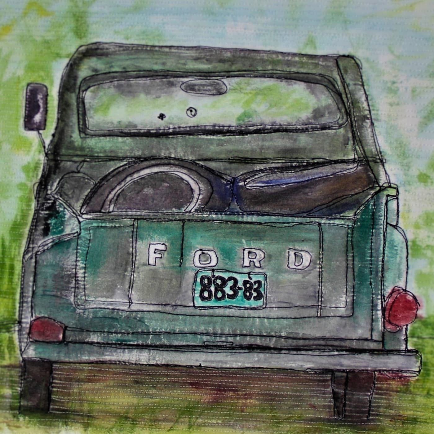 Stitched artwork of the back of an old green Ford