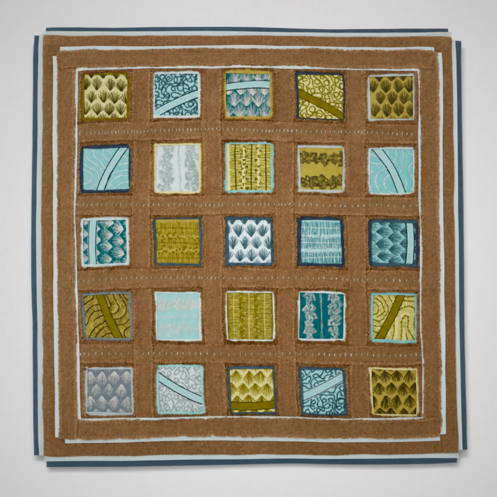 Colourful patchwork quilt with geometric patterns.