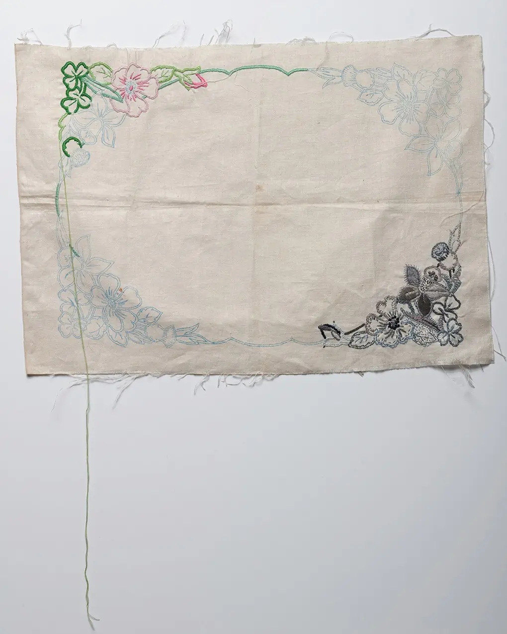 Ruth Singer, Unfinished, 2019. 33cm x 33cm (13” x 13”). Hand stitch. Found embroidery. Photo: Paul Lapsley