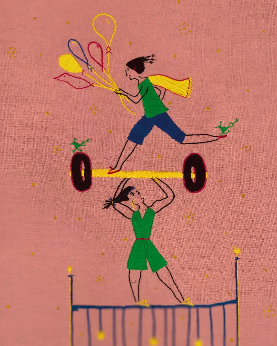 A Print of a girl balancing on a weight held above another women's head