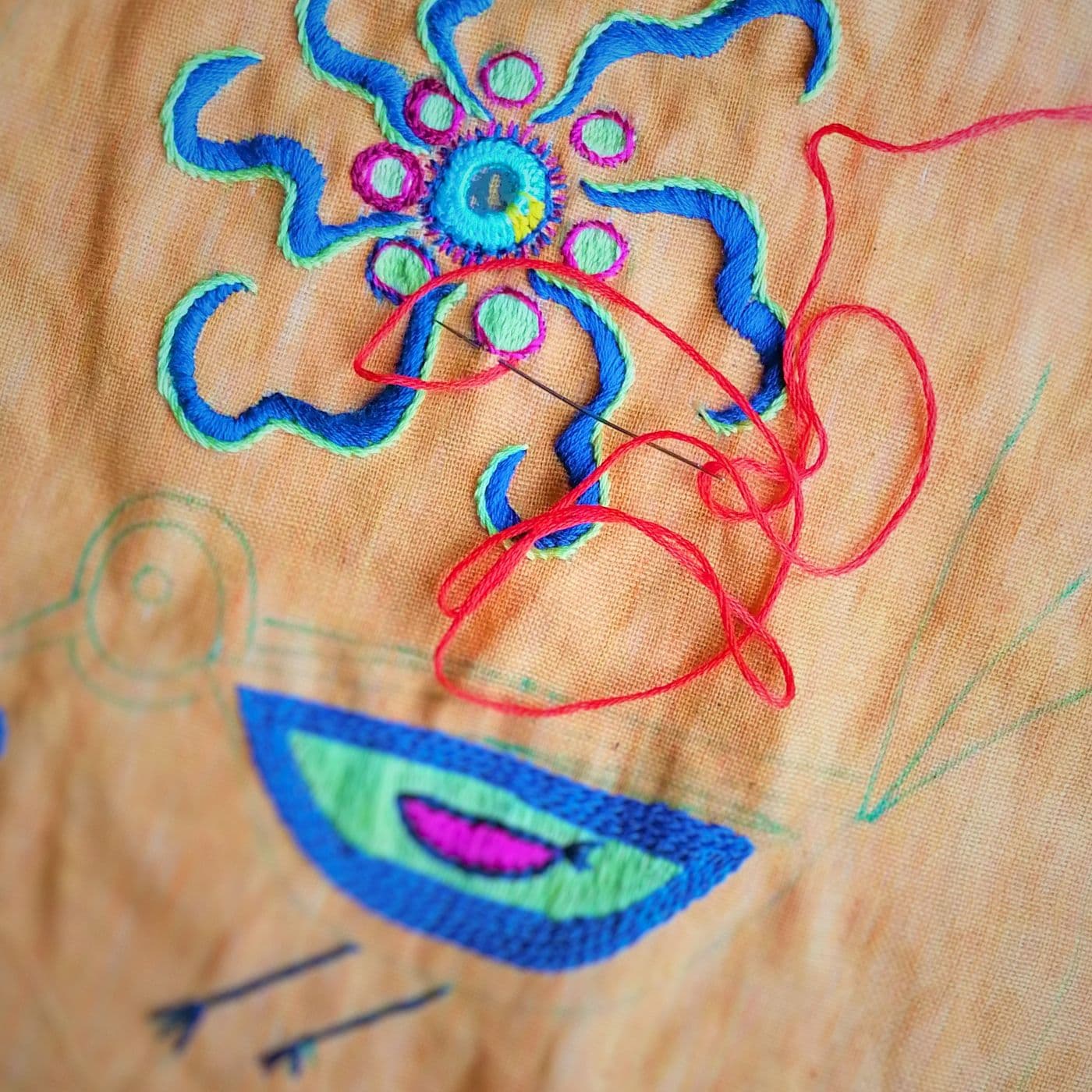 A close up stitched artwork of a bird in flight