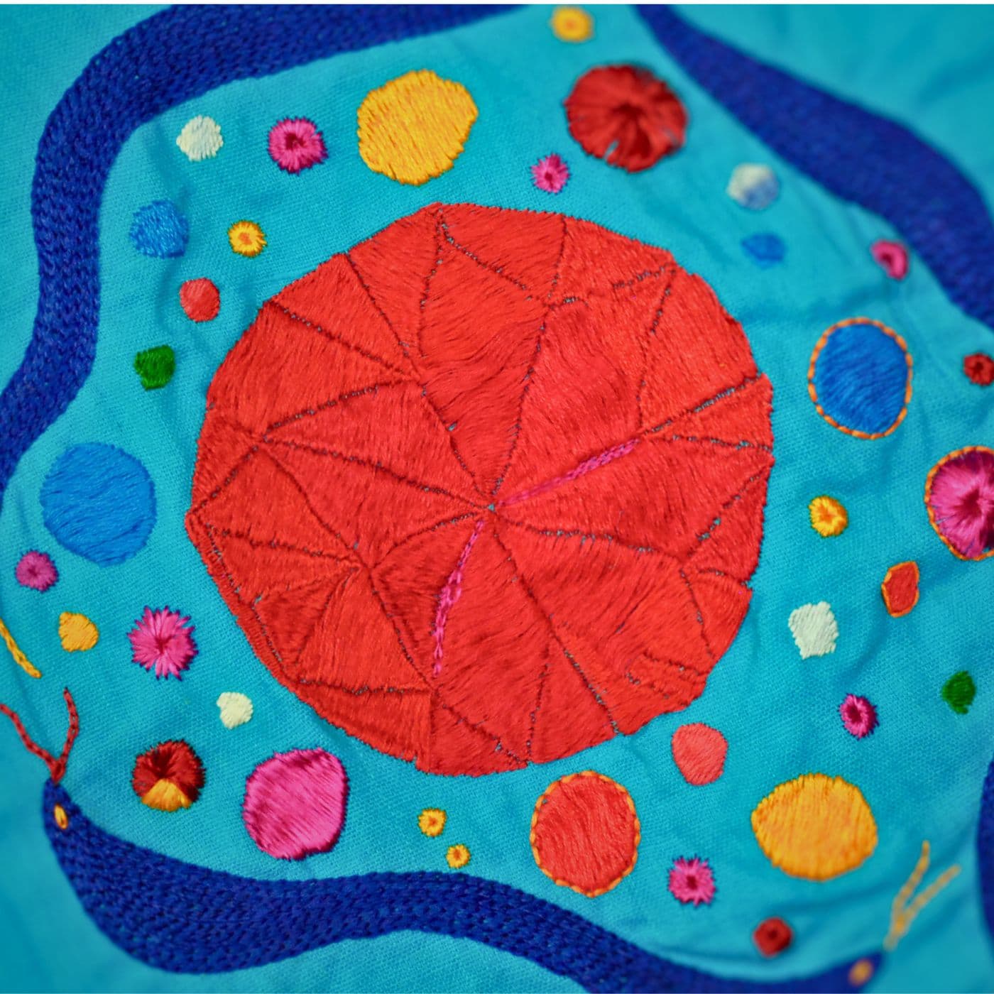 A blue fabric with a  stitched red circle and blue lines