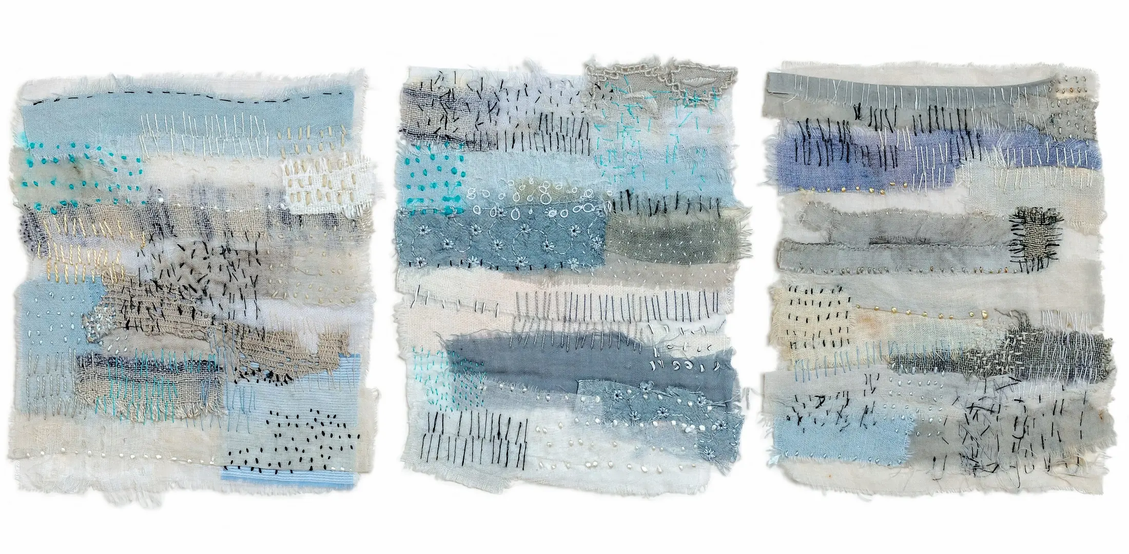 Shelley Rhodes, Fabric Collages, 2020. 10cm x 15cm each (4" x 6"). Scraps of fabric collaged and stitched together. Fabric and thread. Photo: Michael Wicks, Batsford.